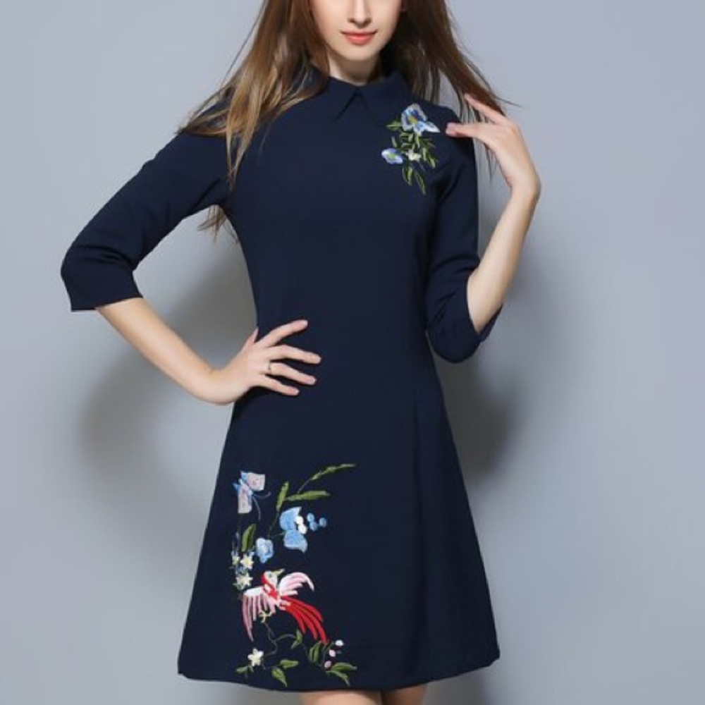 NWOT Embroidered Navy A-Line Dress